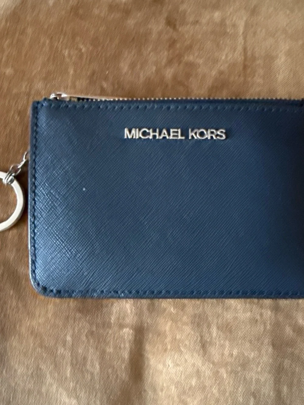 MICHAEL KORS women’s Navy Leather Zip Card Case Key Holder with Gold Logo